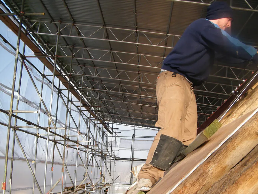 Checking the roof of a 7m+ Hampshire barn.   An opportunity to check cabling and routing.