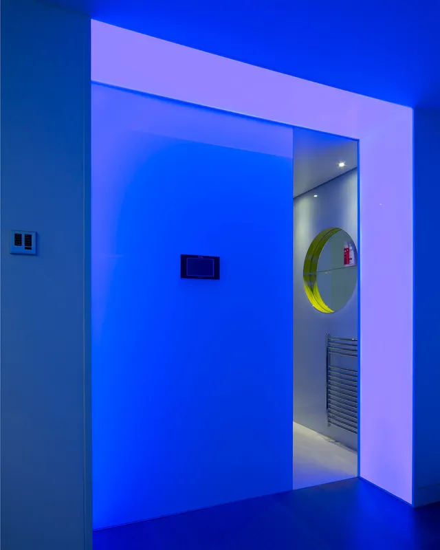 Light-changing LED lightsheet entrance to a sauna - blue