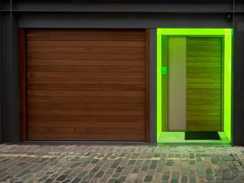 A London mews front door with colour changing LED Lightsheet - Lime