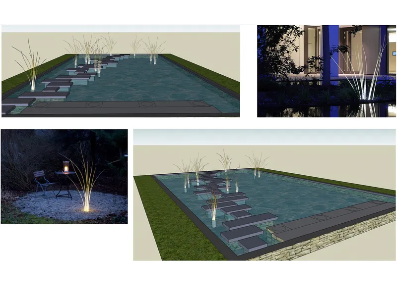 Garden lighting design mood pond for a pond with LED lit reed fittings