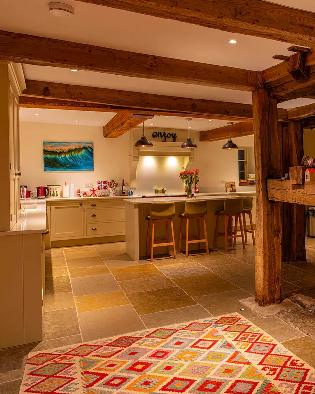 Open plan kitchen brightly lit