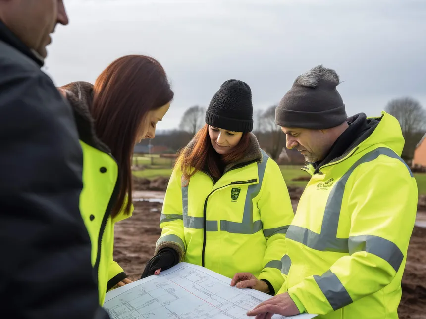 Designers, client and project manager reviewing a set of plans onsite at the early stage of a building project