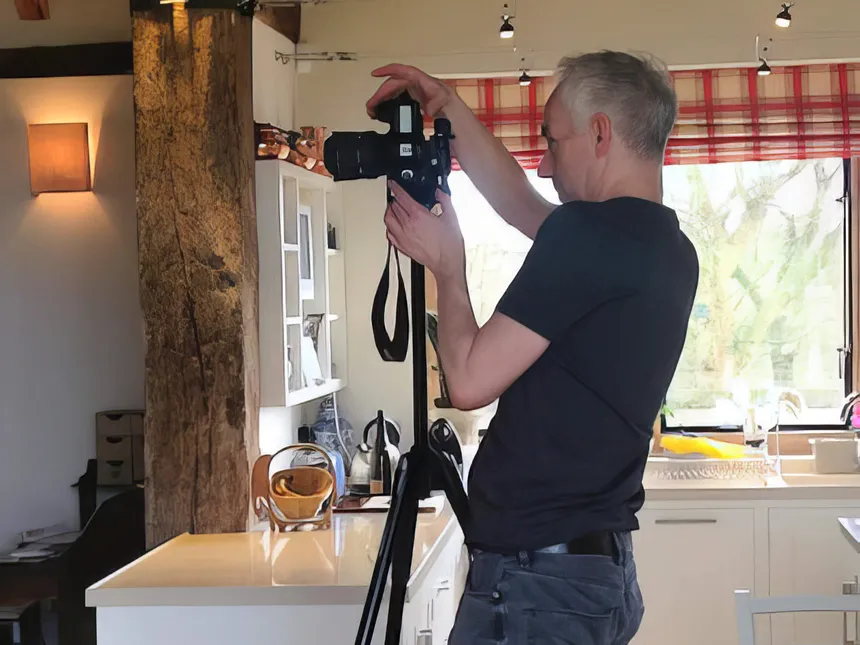 Simon Warren photographing our Hampshire Barn lighting design project