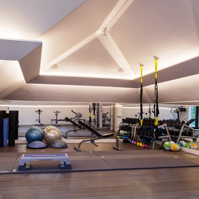 Cove lighting and a track lighting system in a private gym