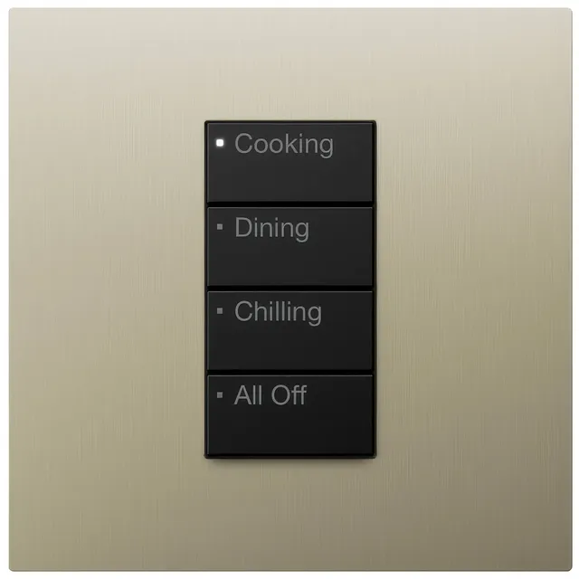 Single-gang four button Lutron Vierti keypad with black engraved buttons and champagne metal faceplate