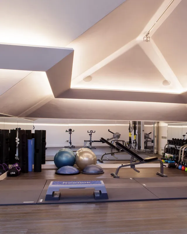 A modern gym with invigorating white LED linear lighting