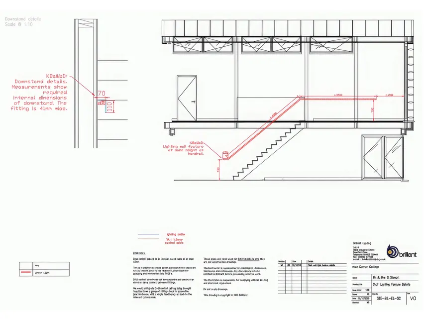 Detail of staircase lighting installation details in CAD.