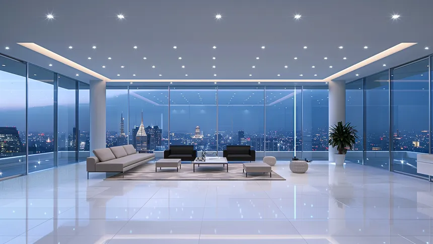 An AI generated image of a moedrn living room in a sleek city apartment with a grid of downlighters