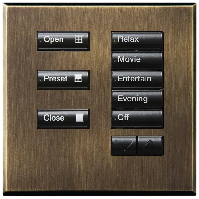 An Antique Bronze Lutron seeTouch keypad with lighting scenes and blinds control