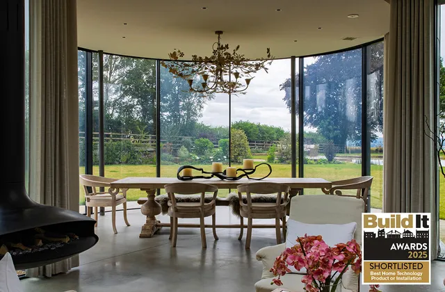 The dining room at The Silos with Lutron's automated curtain tracks