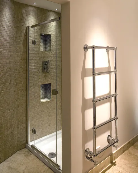 A brightly lit shower and towel rail