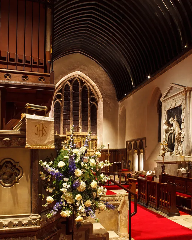 High output LED fittings provide fabulous light to the choir stalls and light the altar and window