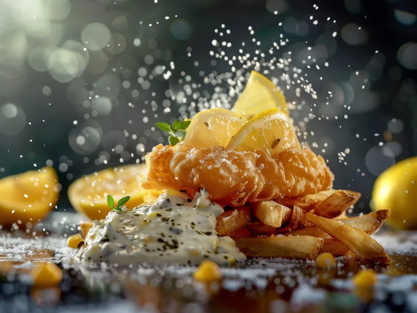 A slightly abstract picture of a plate of fish and chips with LED lighting around it