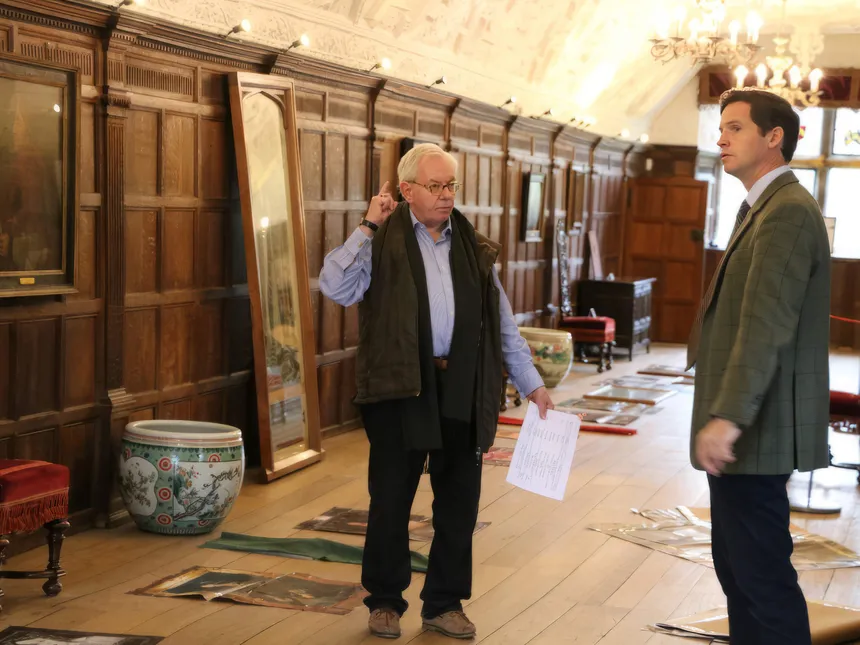 David Starkey and David Leslie in the Long Gallery at Hever Castle working on the Tudor exhibition