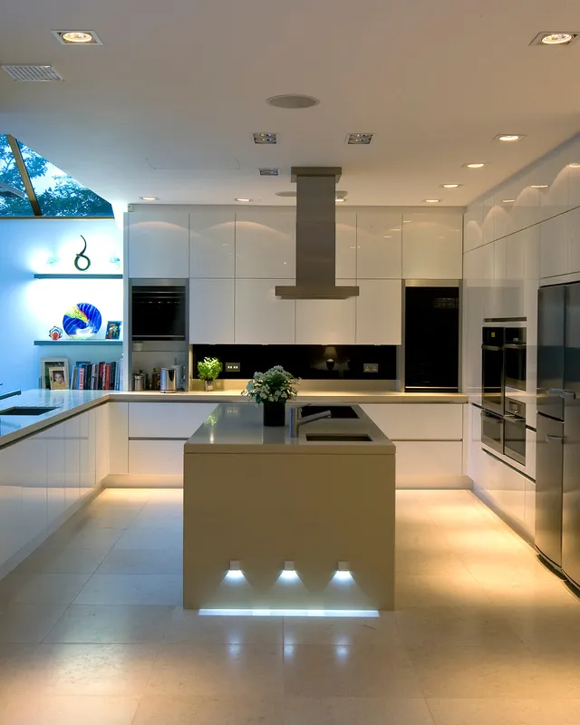 A sleek modern kitchen with great task lighting and accent lighting around the island