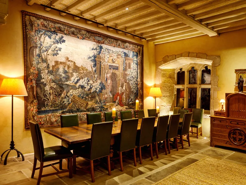 A large tapestry in a medieval hall lit with a pair of adjoining ArtView LED picture lights