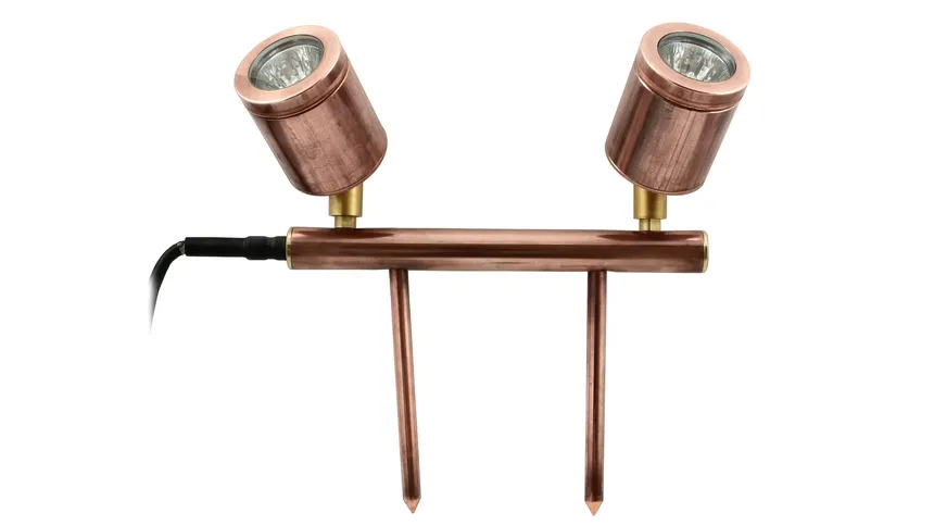 Twin head LED garden fitting in solid copper