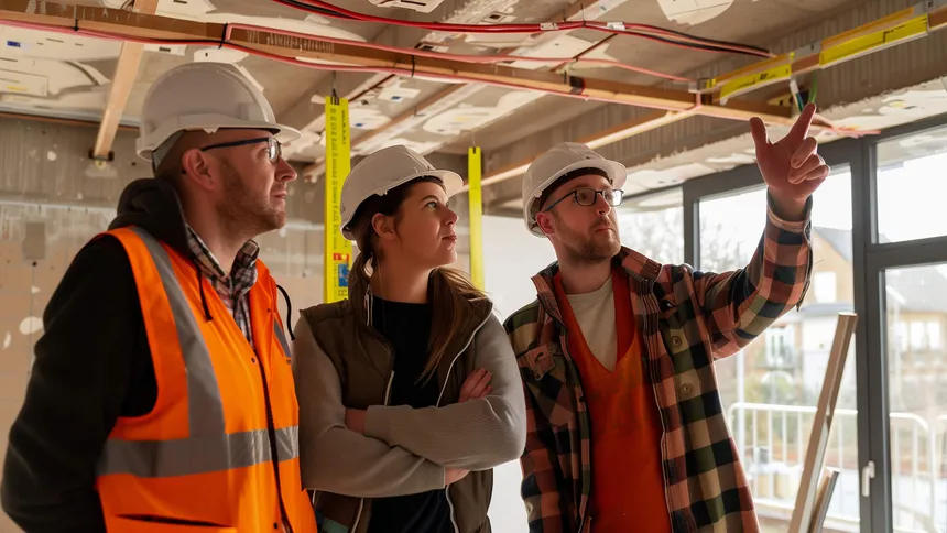 Clients and electrician discuss issues on a building site during first fix