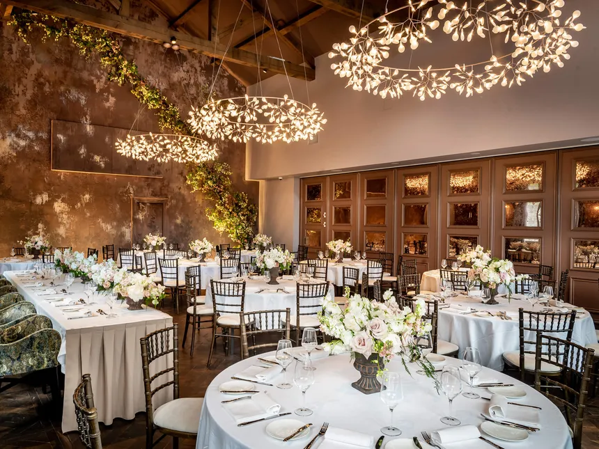 Glamorous petal pendants in the Wedding Room in the Stabels at Manor House, Lindley