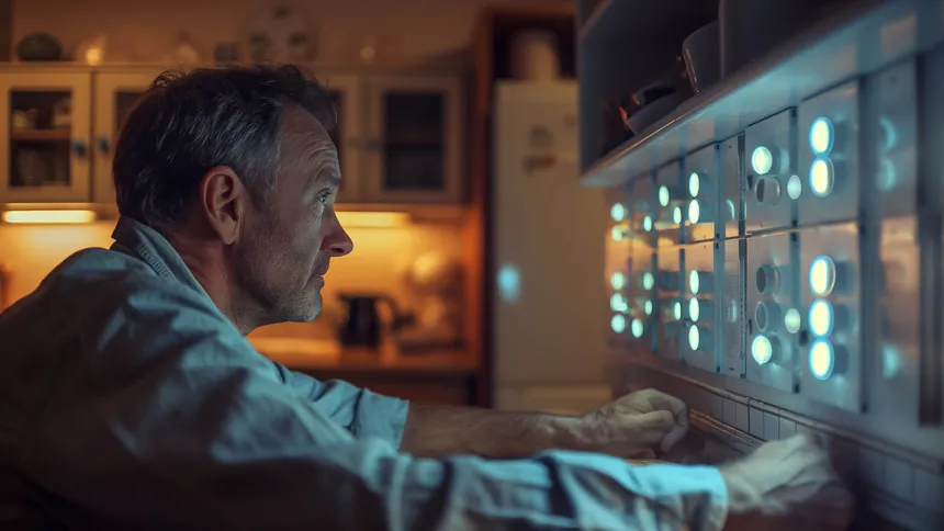 Man looking at a futuristic and confusing array of lighting control switches