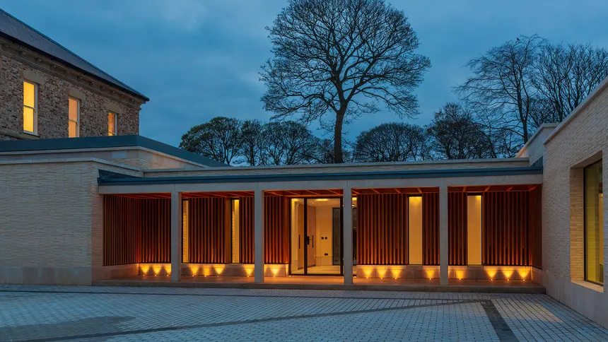 The courtyard, entrance and modern link between the Victorian villa and pool & spa complex