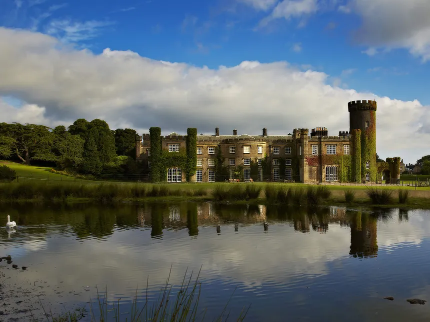 Swinton Park Hotel photographed across the lake