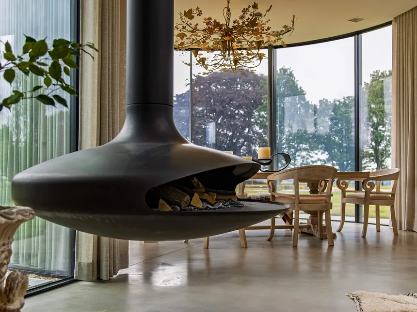 A spectacular suspended stove at The Silos, a luxury country house