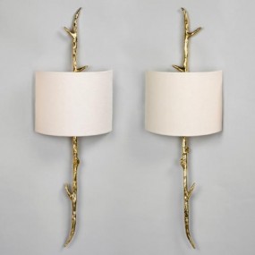 Amiens Wall Light. Brass, Left & Right Shown with 9” Crescent Natural Linen Lampshades